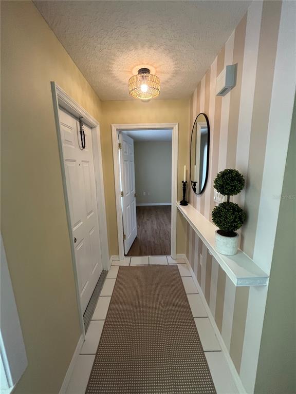 A hallway features a striped wall, a floating shelf with greenery, and a ceiling light — 1111 APPLE TERRACE, LEESBURG, FL