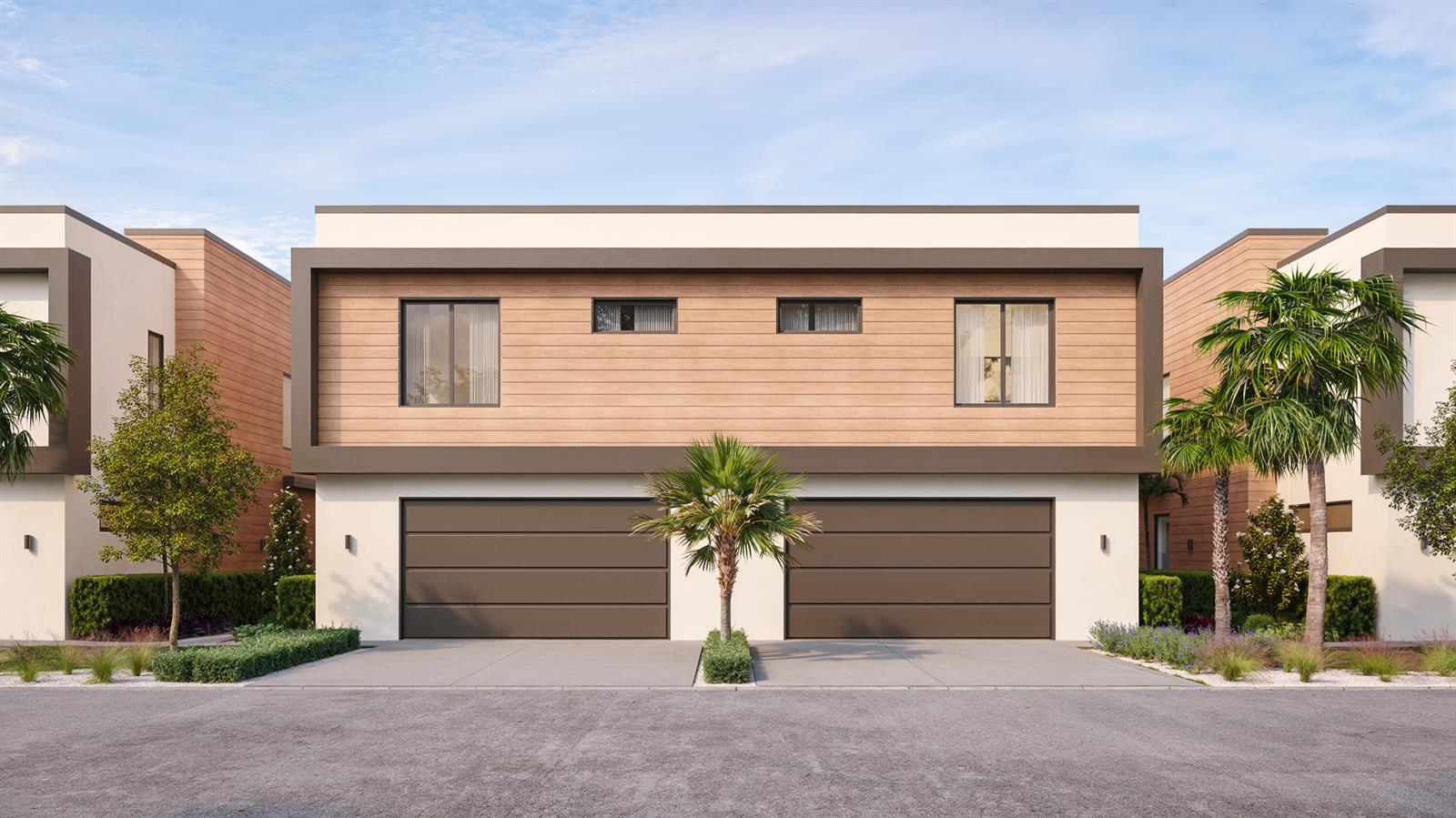 A rendering of a modern two-story duplex with wood-paneled siding and two brown garage doors — 6809 NE Briskel Pointe Drive, Boca Raton FL 33487, BOCA RATON, FL