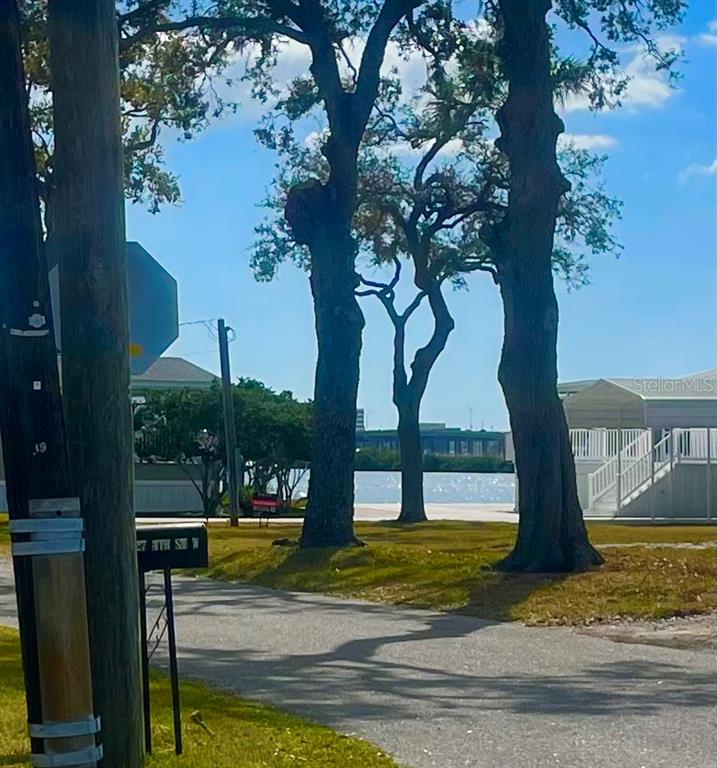 A paved path leads toward a waterfront area framed by three large trees — 167 4TH STREET W, PALMETTO, FL