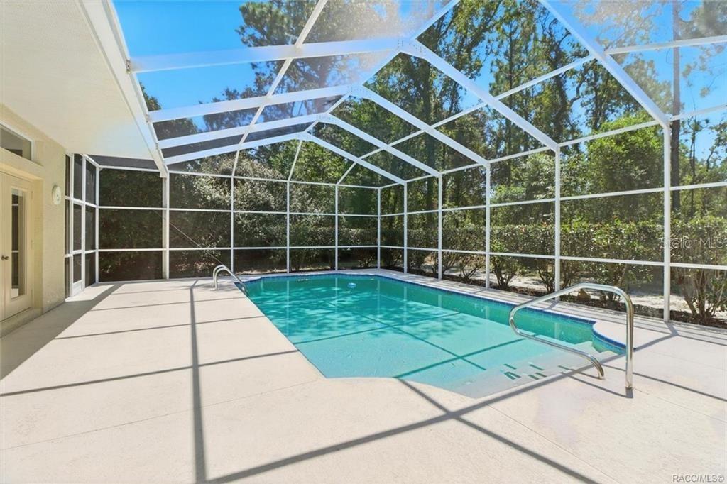 A screened-in swimming pool enclosure with a concrete deck and surrounding trees — 8 SWEETGUM COURT N, HOMOSASSA, FL