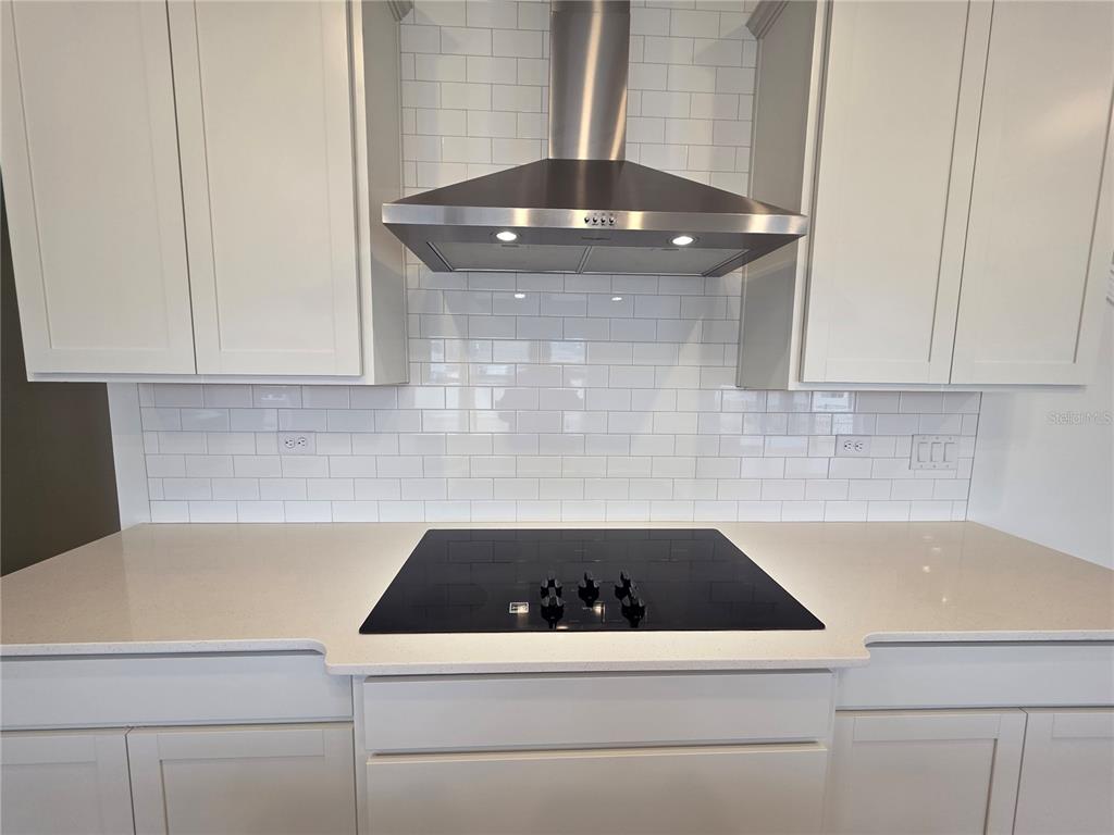 A kitchen features white cabinets, a subway tile backsplash, a stainless steel hood, and cooktop — 3295 WILLOWLEAF LANE, GREEN COVE SPRINGS, FL