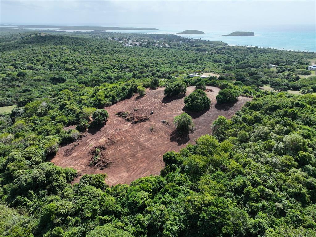 An aerial view shows a cleared, reddish-brown dirt lot surrounded by dense green forest — A-1 FINCA VIEQUES, VIEQUES, PR