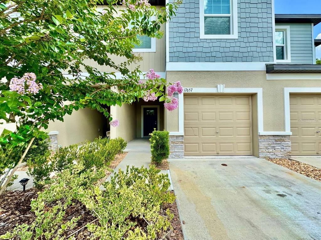 A two-story townhouse exterior features a tan garage, blue shingle siding, and a landscaped yard — 17657 NECTAR FLUME DRIVE, LAND O LAKES, FL
