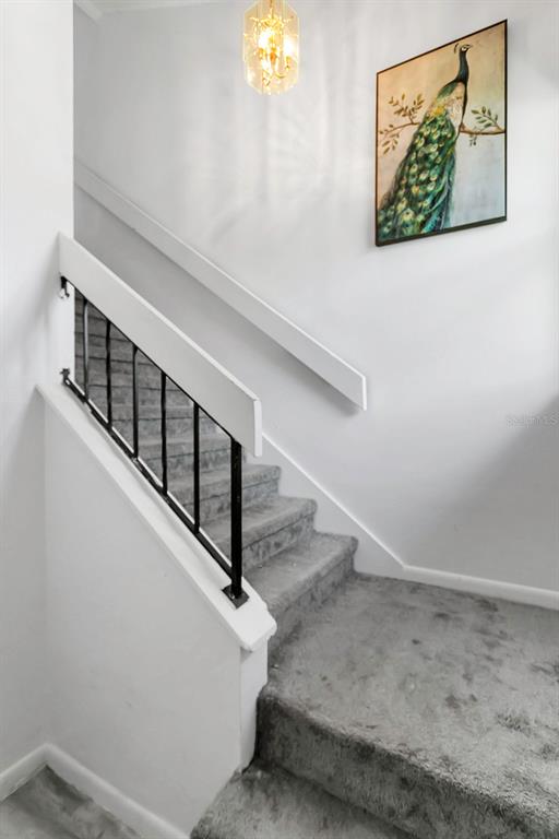 A carpeted staircase features a black metal railing with a white handrail and a peacock painting — 3106 S SEMORAN BOULEVARD UNIT P-2, ORLANDO, FL