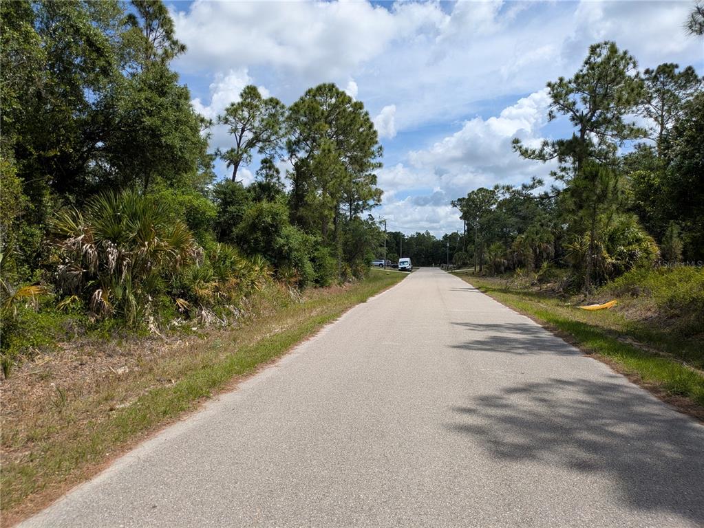 A paved road stretches through a wooded area under a cloudy blue sky — DELIGHT AVENUE, NORTH PORT, FL