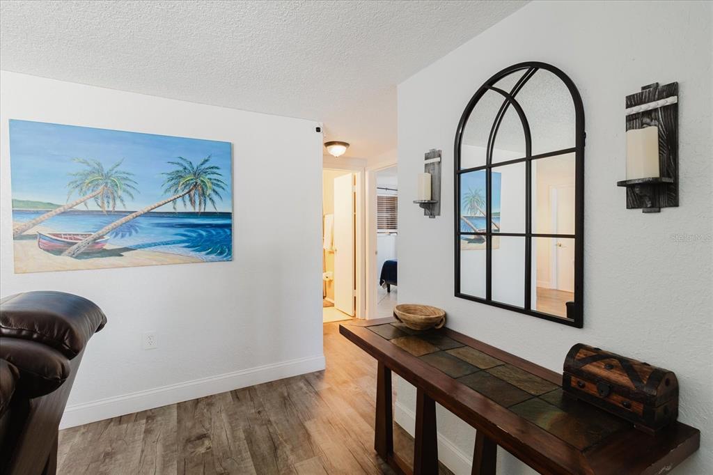 A hallway features wood-look flooring, a console table with a mirror, and a tropical wall painting — 9803 RICHWOOD LANE, PORT RICHEY, FL