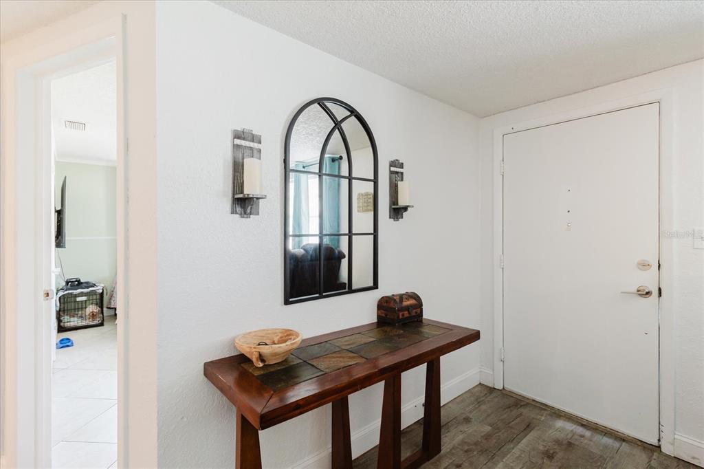 An entryway features a wood console table, an arched wall mirror, and a white door — 9803 RICHWOOD LANE, PORT RICHEY, FL