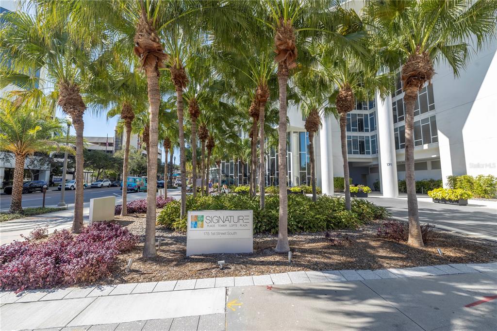 A sign for Signature Place stands in front of a modern building surrounded by palm trees — 175 1ST STREET S UNIT 1006, ST PETERSBURG, FL