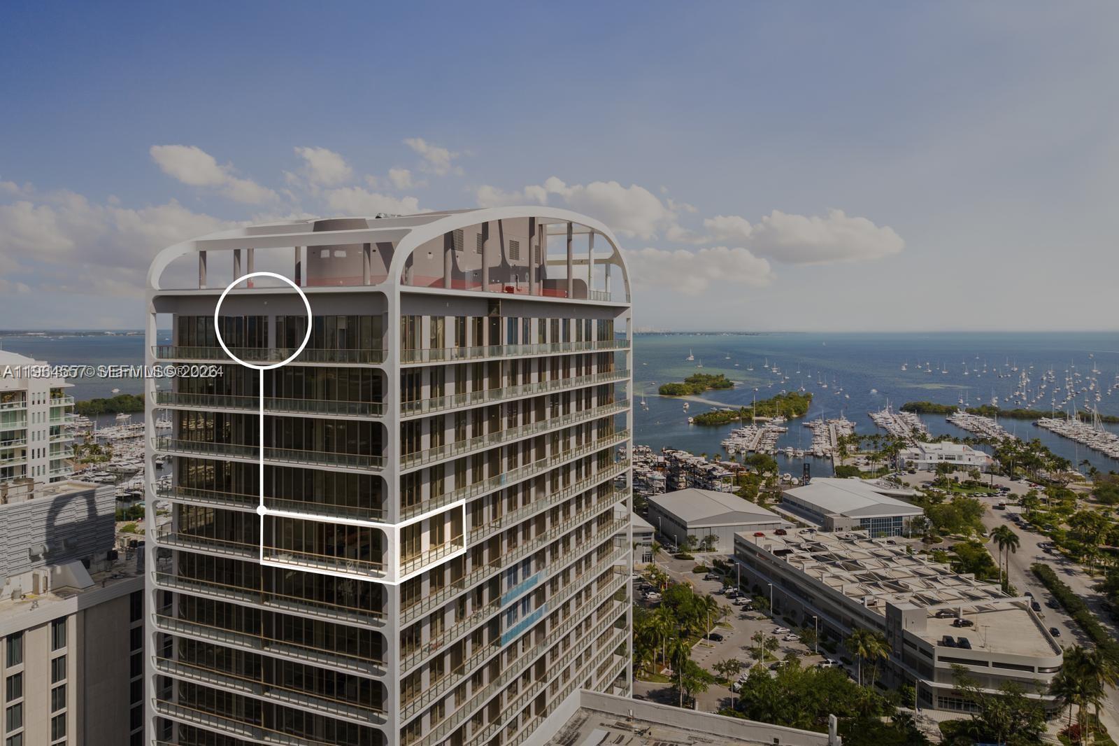 This is a rendering of a high-rise building exterior with a highlighted balcony area — 2655 S Bayshore Dr # 1709, Miami FL 33133, MIAMI, FL