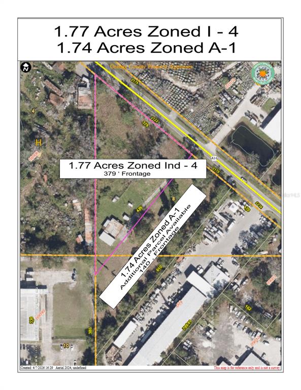 This is an aerial map showing two adjacent land parcels with their respective zoning and frontage — 2122 APOPKA BOULEVARD, APOPKA, FL