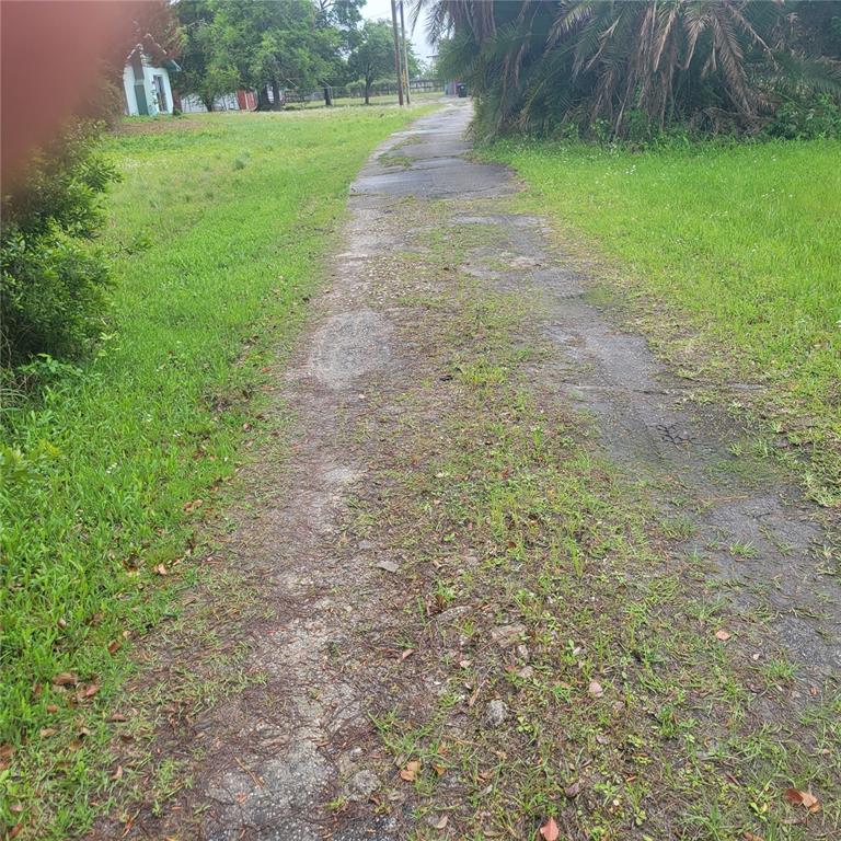 A narrow, weathered concrete driveway leads through a grassy yard toward a distant building — 2122 APOPKA BOULEVARD, APOPKA, FL