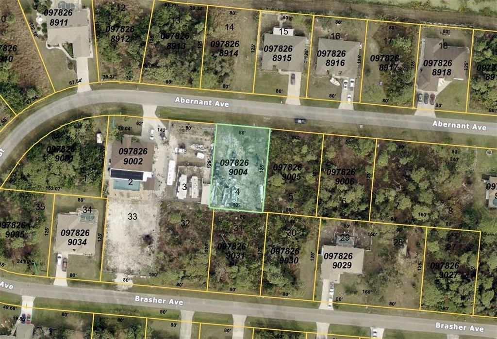 This is a satellite map showing residential lots and property boundaries along two streets — Lot 4 ABERNANT AVENUE, NORTH PORT, FL