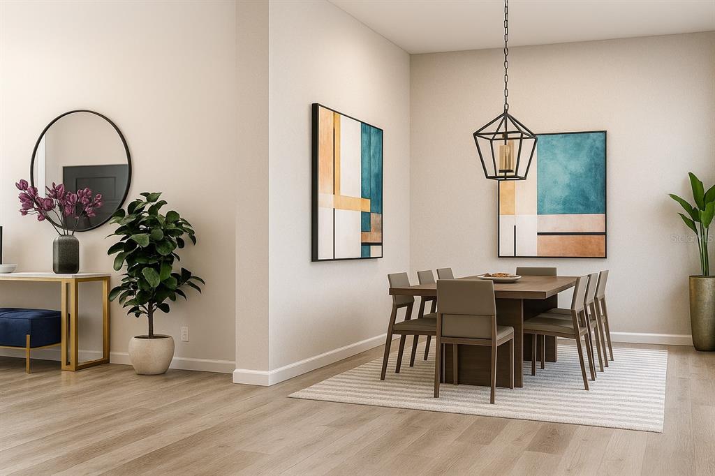 A rendering of a modern dining room featuring a wooden table, chairs, and abstract wall art — 3259 MASUKO AVENUE, NORTH PORT, FL
