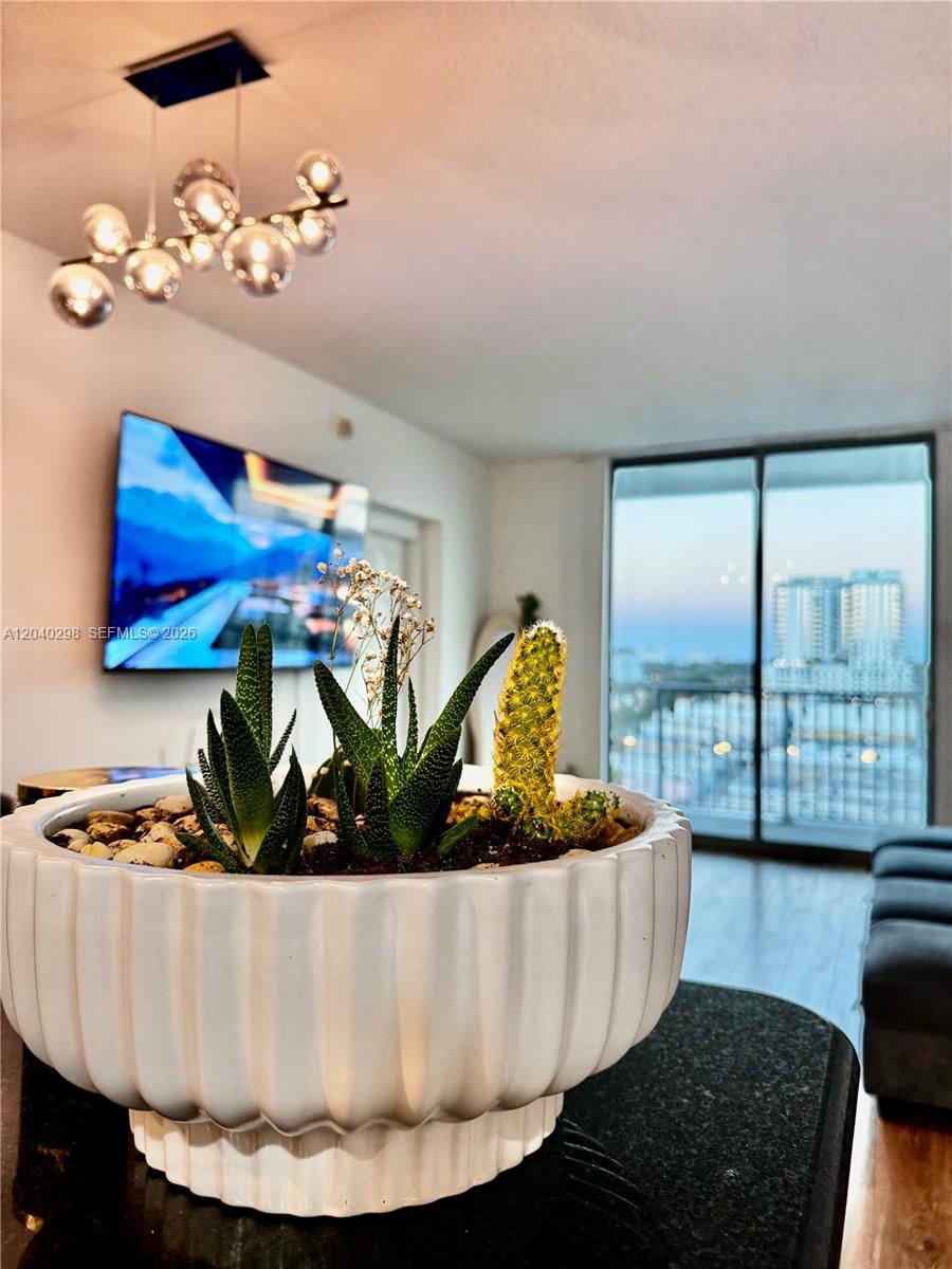 A white planter with succulents sits on a dark counter in a modern living room — 140 S Dixie Hwy # 921, Hollywood FL 33020, HOLLYWOOD, FL