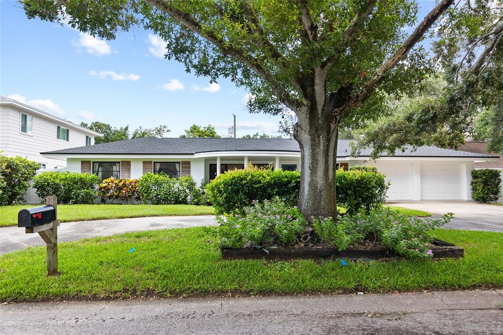 A single-story house with a white exterior, a large tree, and a two-car garage — 1821 OAK LAKE DRIVE, CLEARWATER, FL