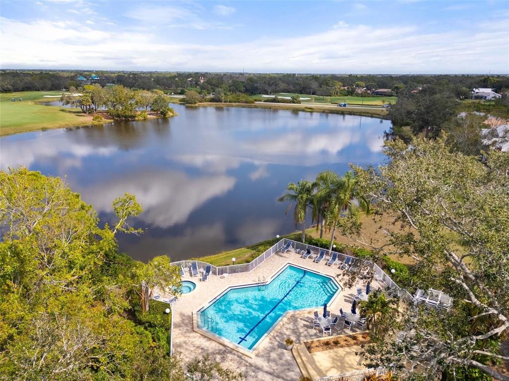 An aerial view of a community swimming pool and hot tub surrounded by lush landscaping — 6411 BERKSHIRE PLACE, UNIVERSITY PARK, FL