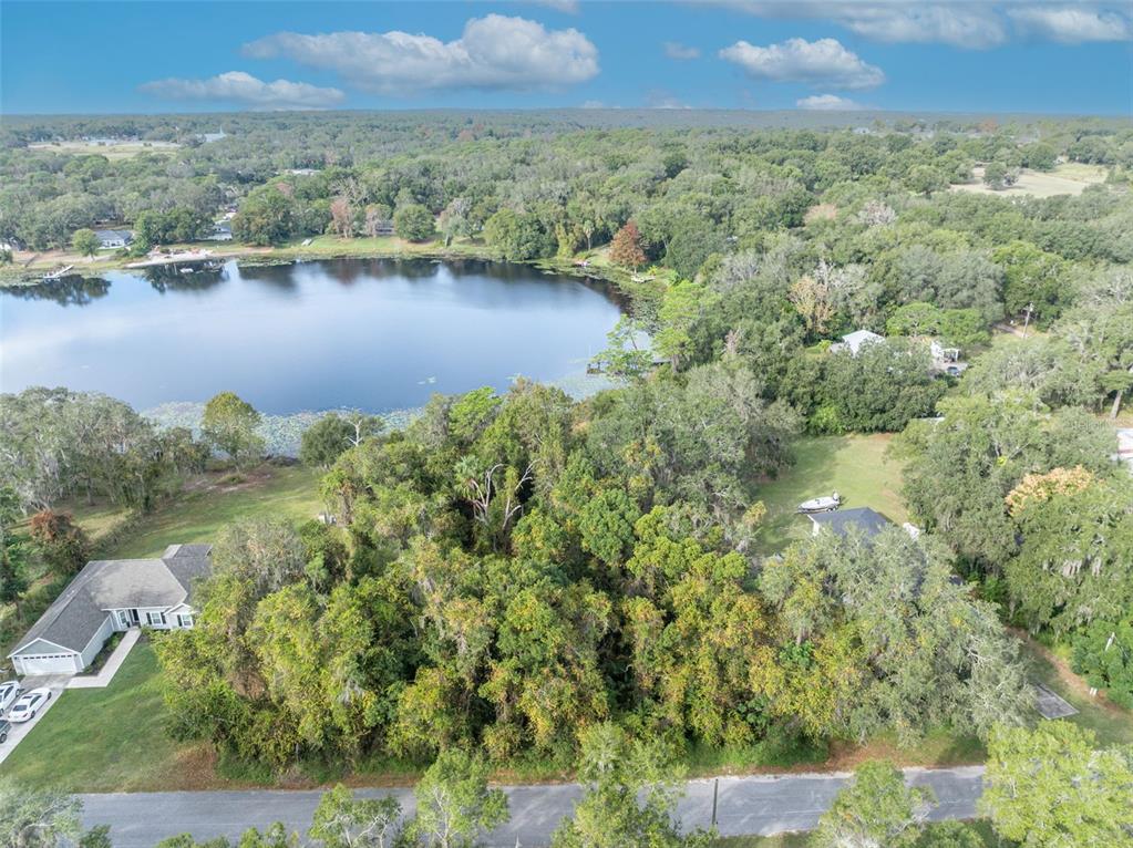An aerial view shows a wooded lot situated between a lake and a paved road — ROYAL OAK ROAD, FRUITLAND PARK, FL