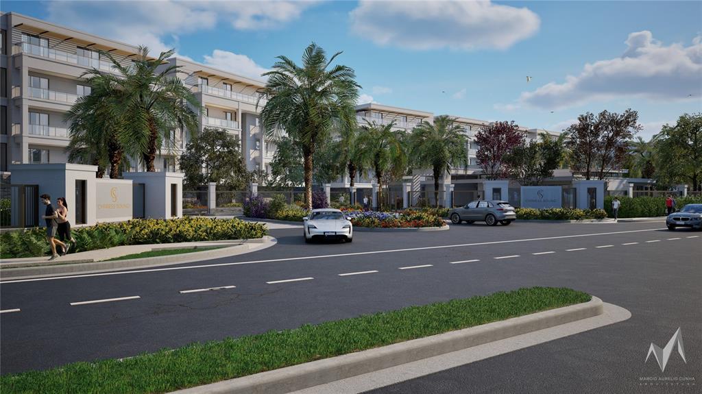 A rendering of a modern apartment complex entrance with palm trees and parked cars — 10009 CRISBERT CT ROAD UNIT 304C, ORLANDO, FL