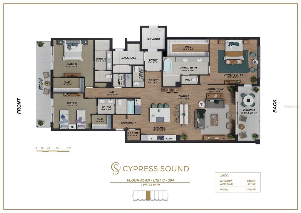 This is a floor plan for a three-bedroom, three-and-a-half-bath residential unit — 10009 CRISBERT CT ROAD UNIT 304C, ORLANDO, FL