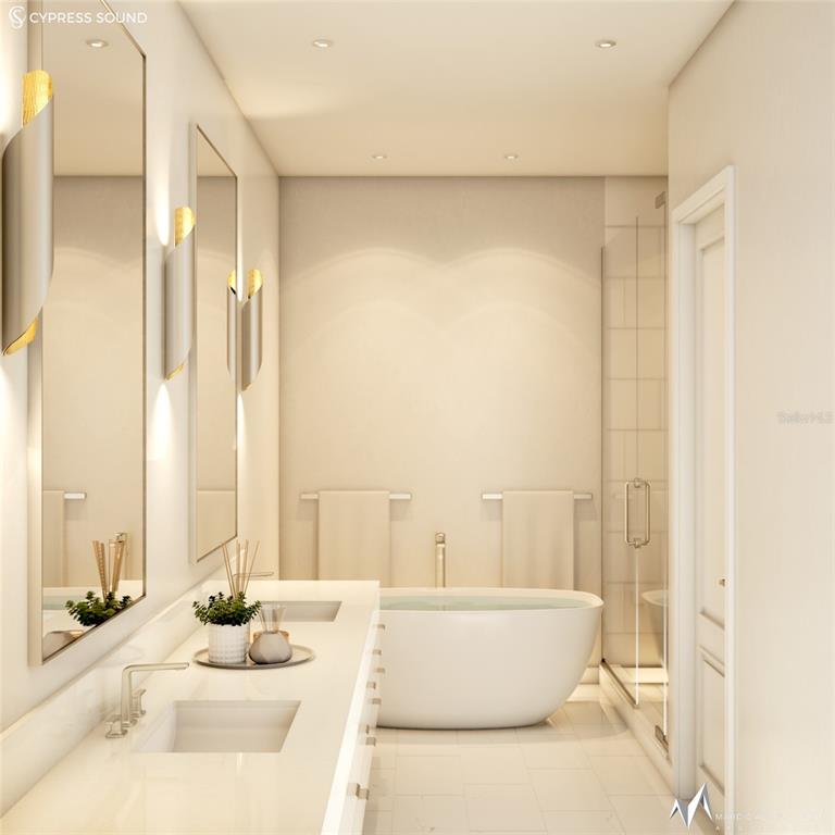 This rendering shows a modern bathroom with a double vanity, soaking tub, and glass shower — 10009 CRISBERT CT ROAD UNIT 304C, ORLANDO, FL