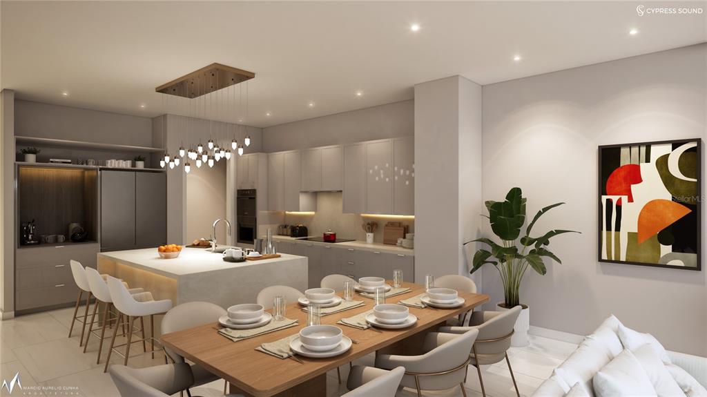 This rendering shows a modern open-concept kitchen and dining area with neutral cabinetry and lighting — 10009 CRISBERT CT ROAD UNIT 304C, ORLANDO, FL
