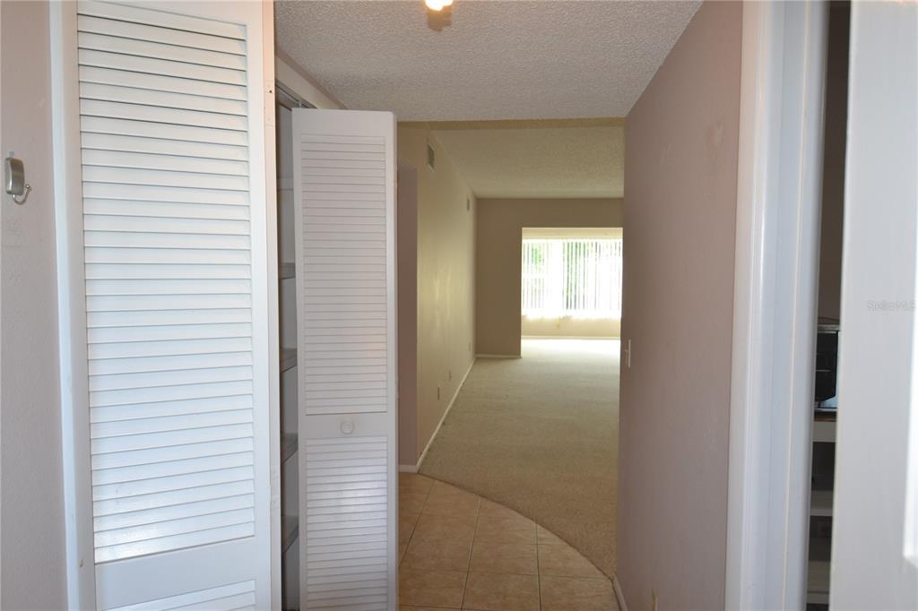 A hallway with a louvered closet door leads to a carpeted living area with windows — 2471 SUMATRAN WAY UNIT 25, CLEARWATER, FL