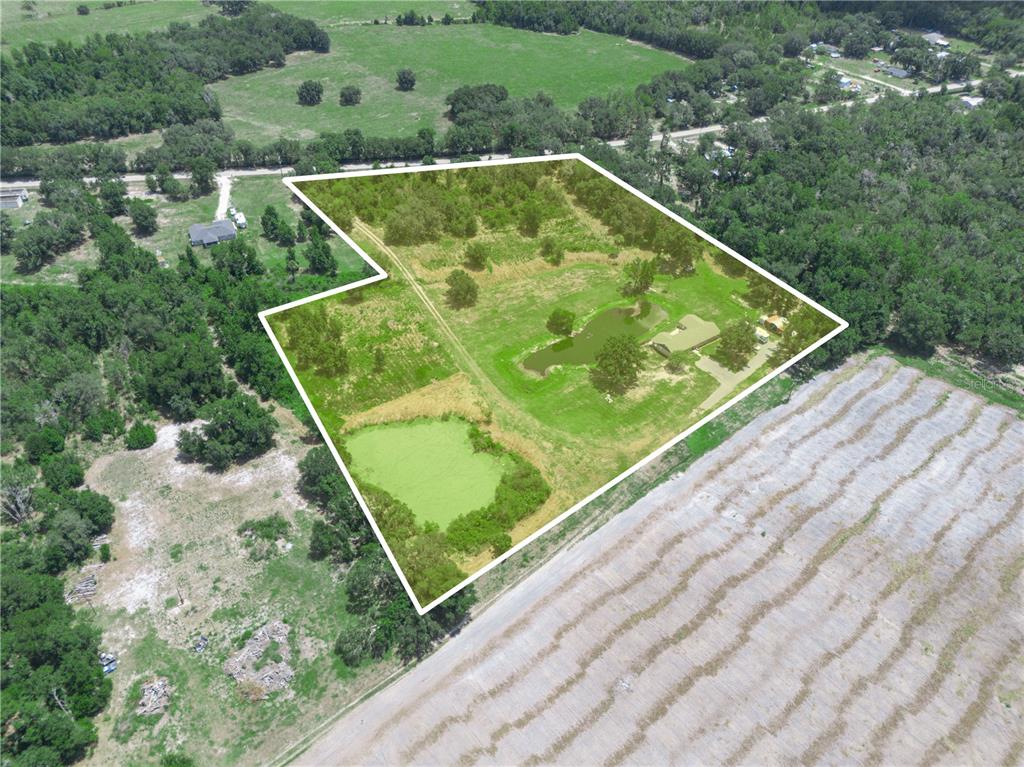 An aerial view shows a rural property with a house, two ponds, and trees — 702 LAKE BRANCH, BOWLING GREEN, FL