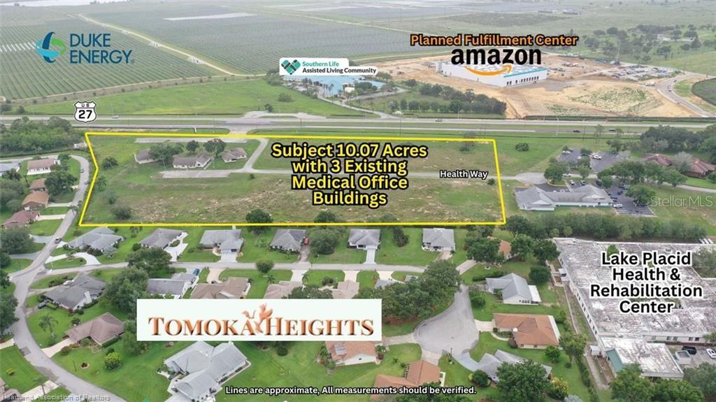 An aerial view shows a 10.07-acre property with three buildings located near a highway — 1346 US 27 HIGHWAY N, LAKE PLACID, FL