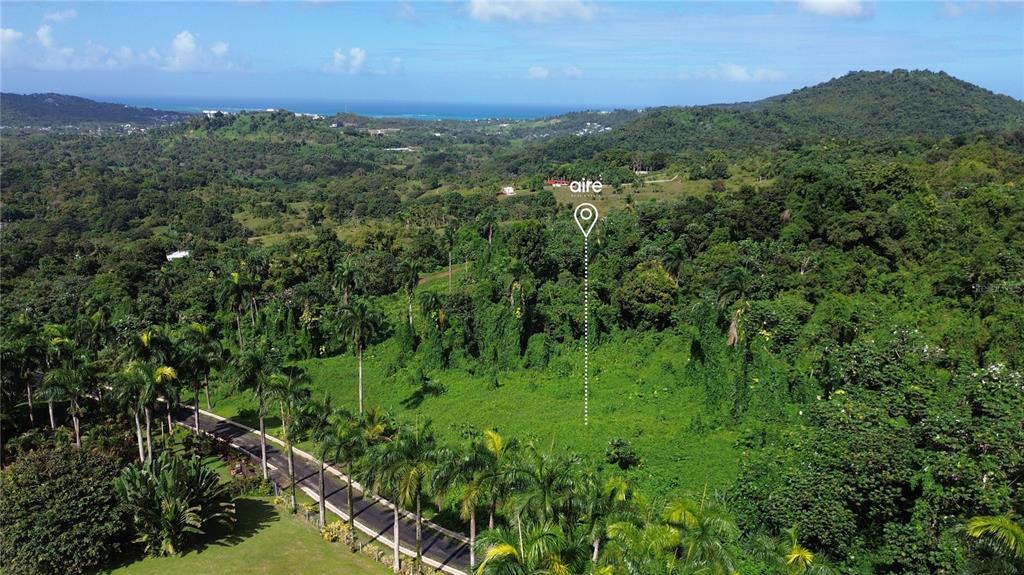 An aerial view shows a lush, green landscape with a paved road and distant ocean — PR-191, Km 2.4 BO. MAMEYES II, RIO GRANDE, PR