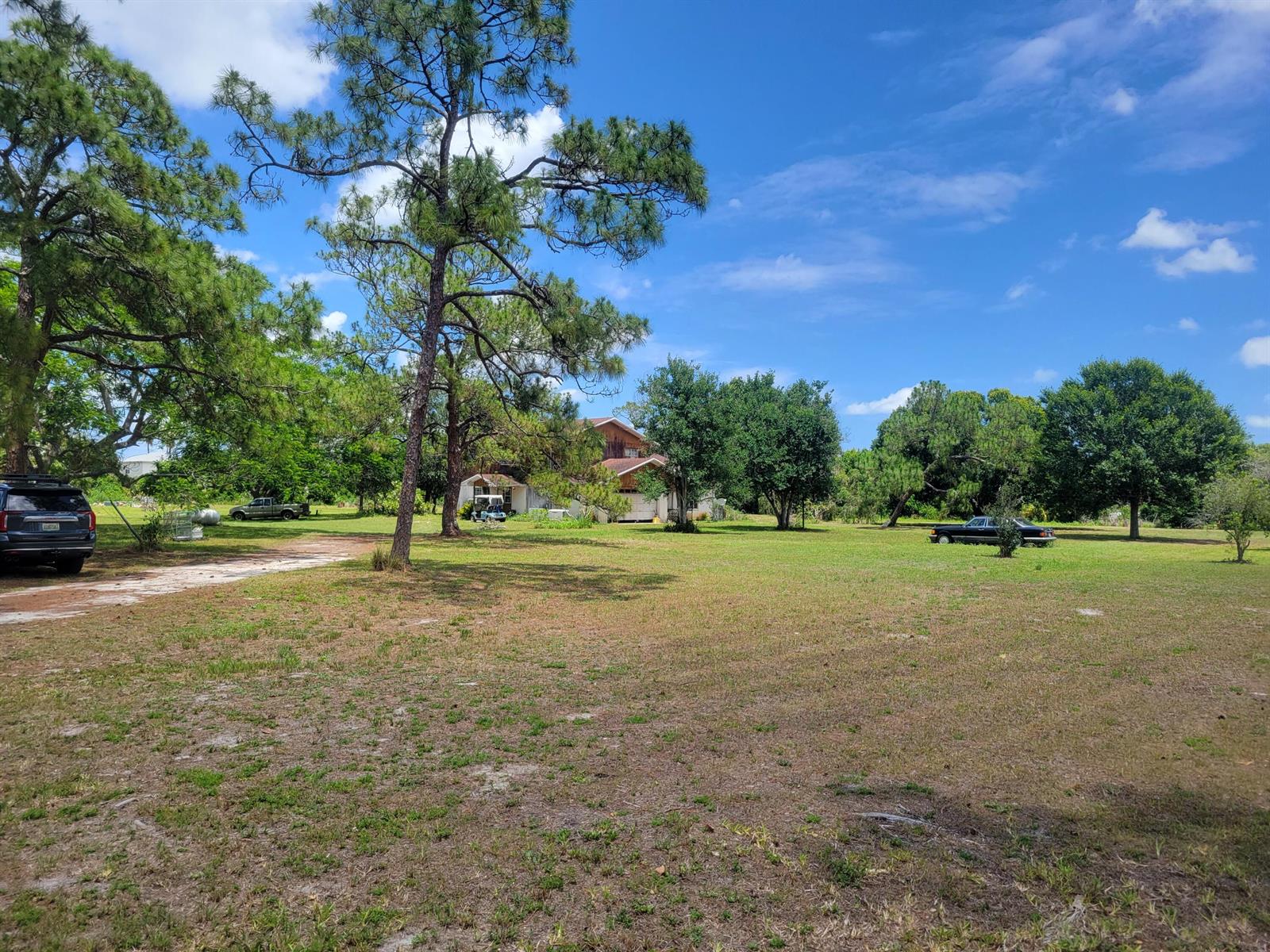 A large, grassy yard features mature pine trees, a house in the distance, and parked vehicles — 9610 Orange Avenue, Fort Pierce FL 34945, FORT PIERCE, FL