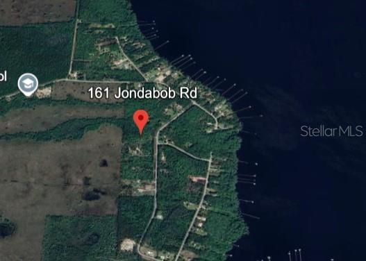 This is an aerial map view showing a wooded residential property located along a shoreline — 161 JONDABOB ROAD, GREEN COVE SPRINGS, FL