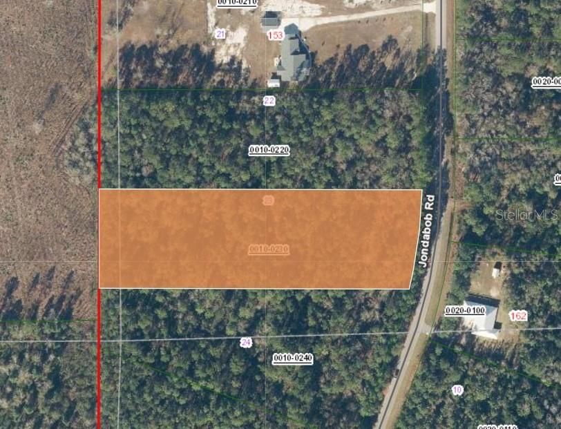 This is an aerial map showing a highlighted rectangular land parcel along a road — 161 JONDABOB ROAD, GREEN COVE SPRINGS, FL