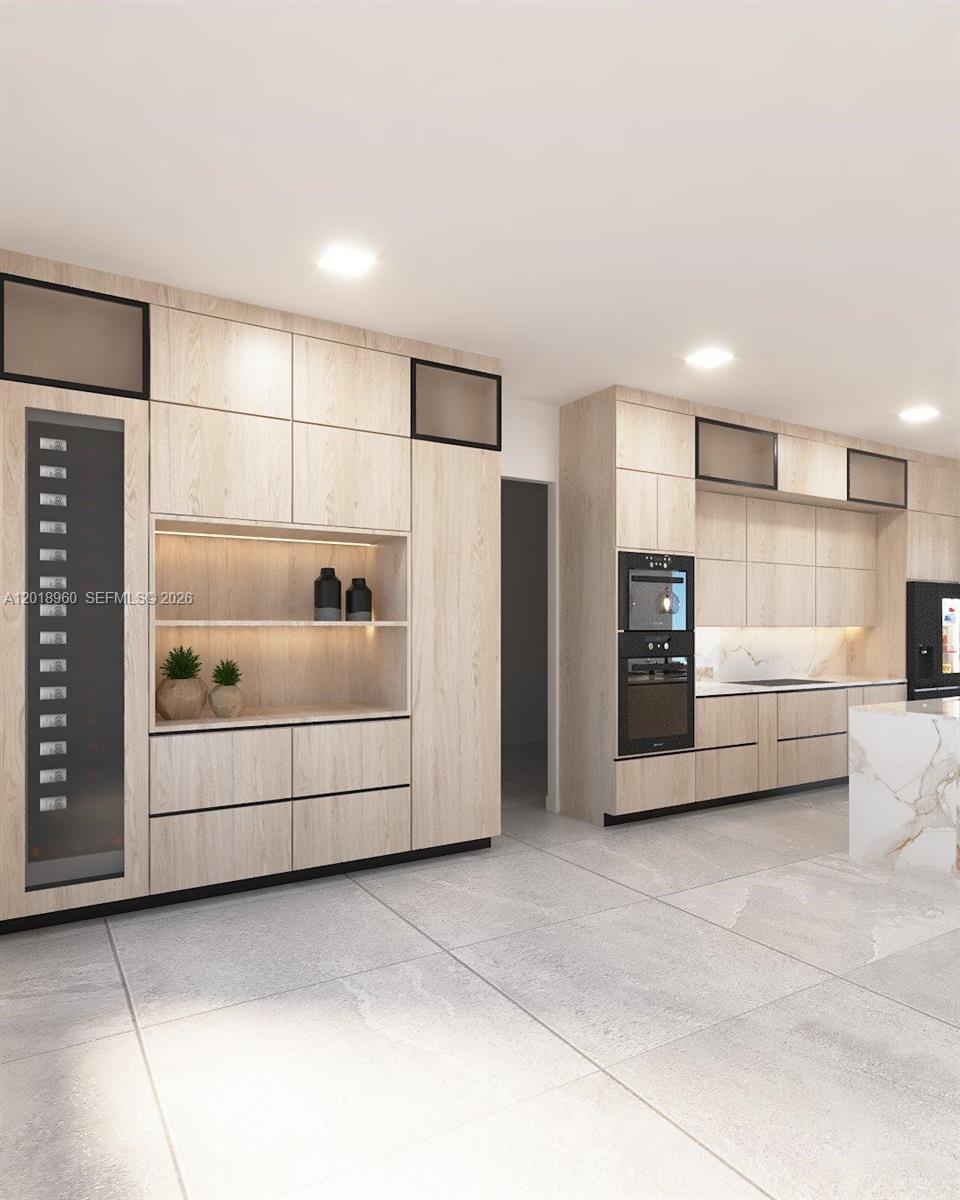 This is a rendering of a modern kitchen featuring light wood cabinetry and marble countertops — 13004 Davie Oaks Dr, Davie FL 33325, DAVIE, FL