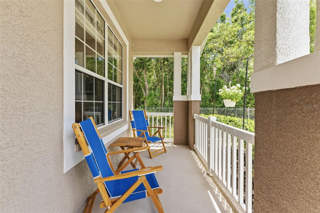 A covered porch features two blue folding chairs, a small wooden table, and white railings — 5154 PHEASANT WOODS DRIVE, LUTZ, FL