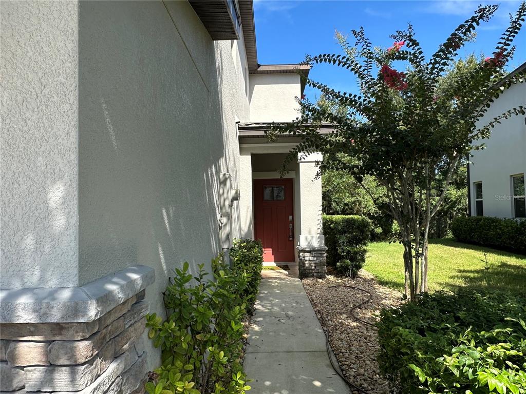 A concrete walkway leads to the red front door of a house with stone accents — 1389 WHITE FOX RUN, LUTZ, FL