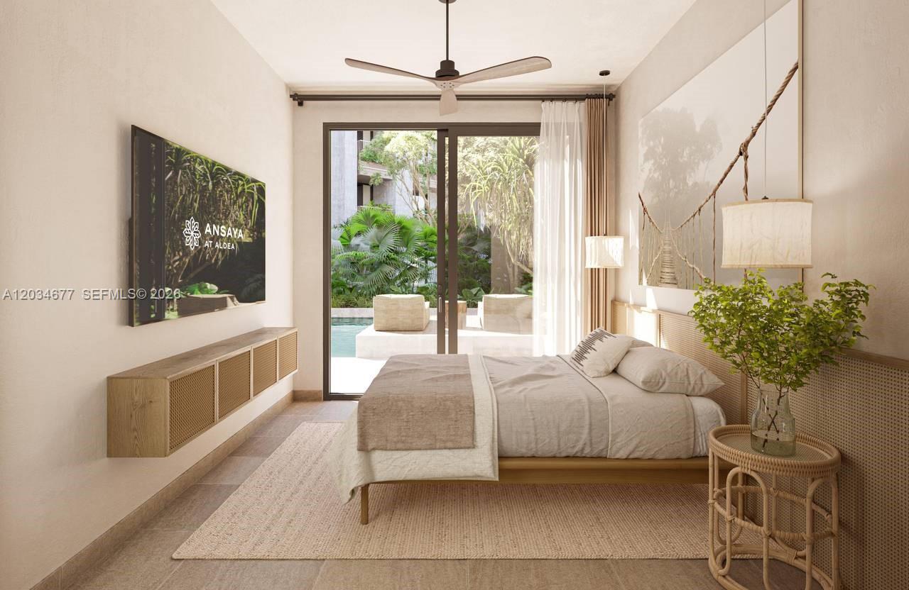 This rendering shows a modern bedroom with a bed, wall-mounted television, and sliding glass doors — JJR6+692, Punta cana # 1, FL