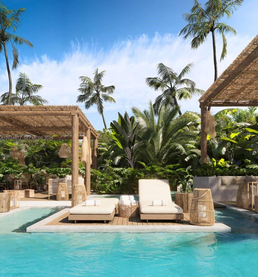 This is a rendering of a tropical poolside patio with lounge chairs and wooden pergolas — JJR6+692, Punta cana # 1, FL