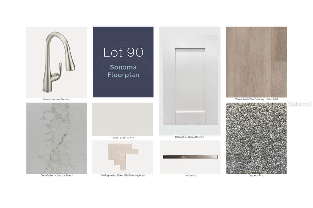 This design board displays interior finish samples including flooring, cabinetry, countertops, and hardware — 833 RIVER STONE TRAIL, SANFORD, FL