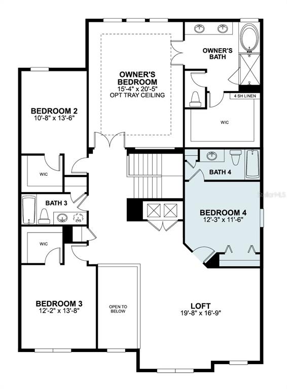 This is a floor plan of a residential second story featuring four bedrooms and a loft — 833 RIVER STONE TRAIL, SANFORD, FL