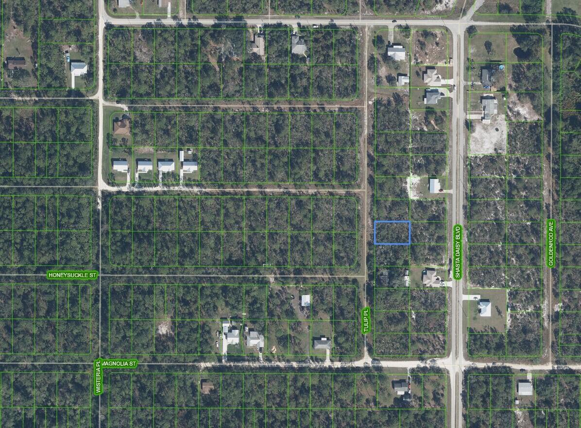This is an aerial map showing a highlighted vacant lot in a residential neighborhood — 7020 Tulip Place, Sebring FL 33872, SEBRING, FL