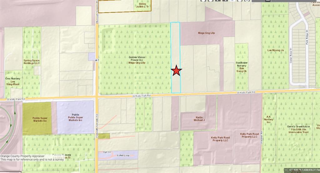This is a property map showing land parcels and road layouts in a rural area — 2719 W KELLY PARK ROAD, APOPKA, FL