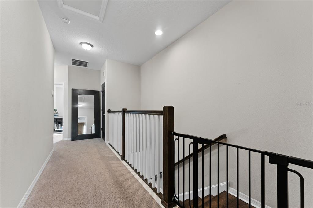A carpeted hallway features a wooden railing, a black safety gate, and a floor mirror — 29913 SOUTHWELL LANE, WESLEY CHAPEL, FL