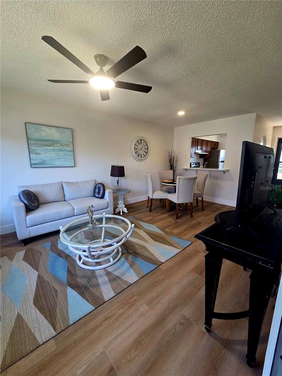 A living room features a light gray sofa, a patterned rug, and an adjacent dining area — 13719 MISSION OAKS BOULEVARD UNIT 0, SEMINOLE, FL