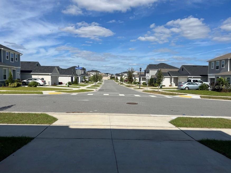 A view of a suburban residential street with houses, sidewalks, and a blue sky — 9112 WESTSIDE HILLS DRIVE, DAVENPORT, FL