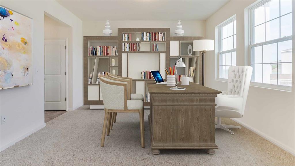 This is a digital rendering of a home office featuring a wooden desk and bookshelves — 17473 MAPLE GROVE ROAD, LAND O LAKES, FL