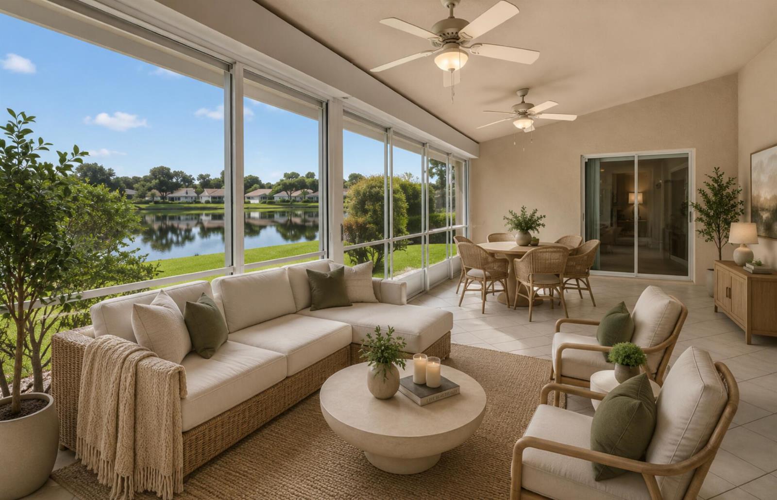 A sunroom with a sectional sofa, dining set, and large windows overlooking a lake — 9875 Harbour Lake Circle, Boynton Beach FL 33437, BOYNTON BEACH, FL
