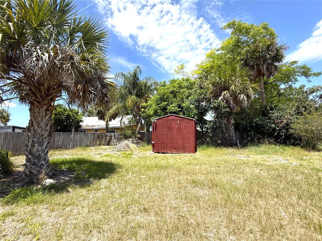 A red storage shed sits in a grassy backyard surrounded by palm trees and fencing — 214 W WHIDDEN STREET, ARCADIA, FL