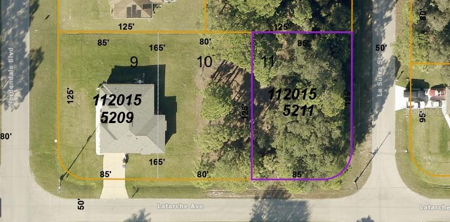 This is an aerial map showing three adjacent residential lots with dimensions and property numbers — LA SUIZA STREET, NORTH PORT, FL