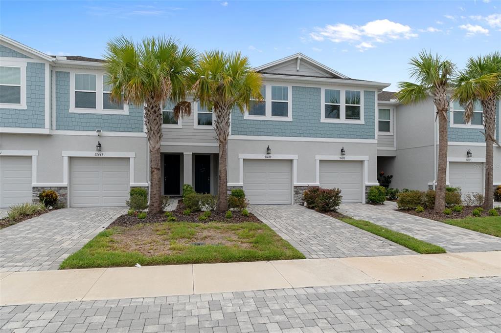 A row of multi-story townhomes features light blue shingle siding, gray garages, and palm trees — 31449 WOODLAND RACE LOOP, WESLEY CHAPEL, FL