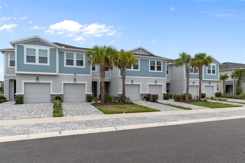 A row of multi-story townhouses with gray garages, blue shingle siding, and palm trees — 31449 WOODLAND RACE LOOP, WESLEY CHAPEL, FL